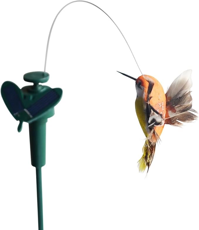 Solar or Battery Powered Fluttering Hummingbird, Real Feather Wings and Tails
