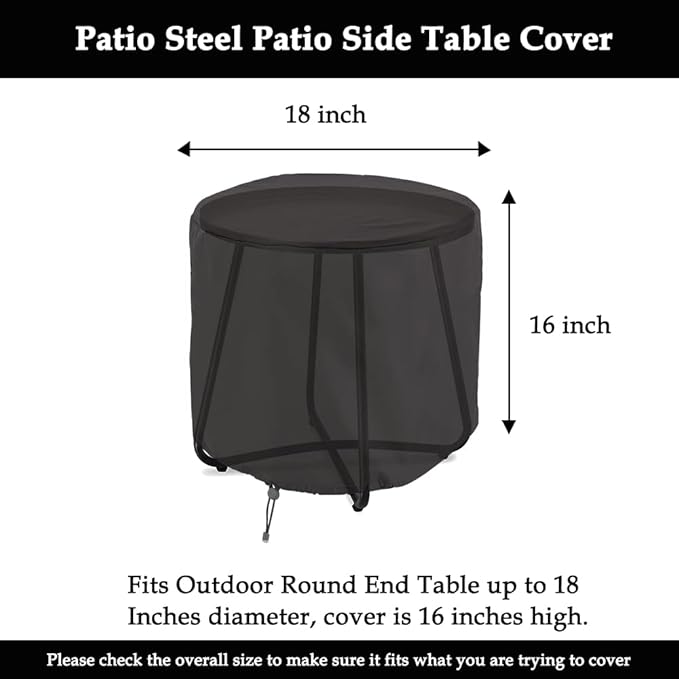 Patio Steel Patio Side Table Cover Waterproof Heavy Duty Small Outdoor Round End Table Covers, 18" D X 16" H, Black