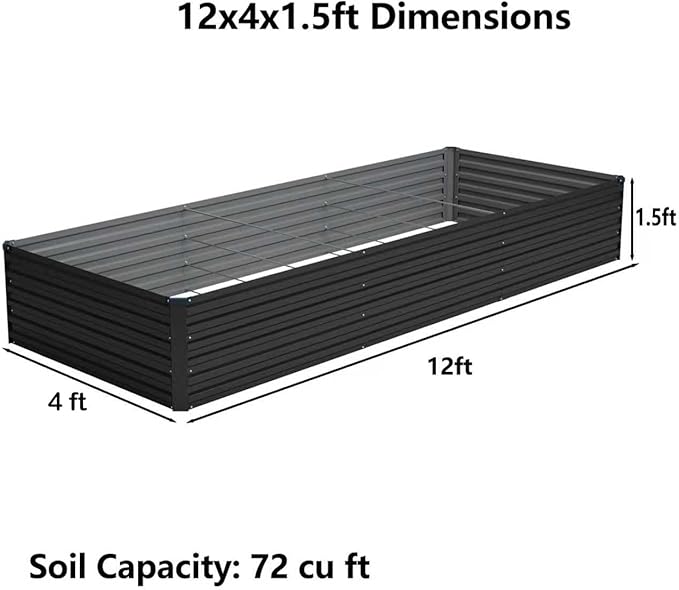 Foxlang 12x4x1.5ft Galvanized Raised Garden Bed,Outdoor Planter Box Metal Patio Kit Planting Bed for Vegetables Flowers Herb,Black
