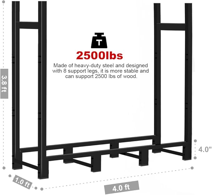 4ft Firewood Rack Adjustable Heavy Duty Fire Wood Stand Holder for Outdoor Indoor Fireplace Log Storage, Metal Lumber Stacker Organizer, Black