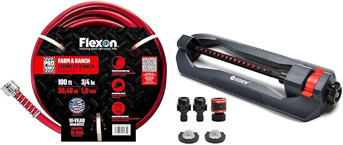 Flexon 100 ft Farm and Ranch Garden Hose and Eden Oscillating Sprinkler Covers up to 3,600 sq ft
