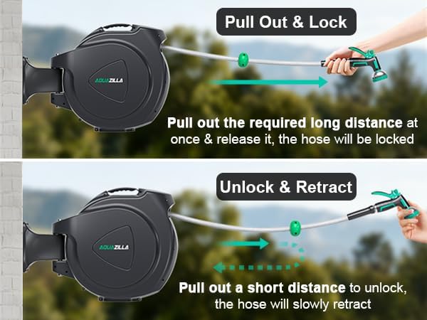 Retractable Garden Hose Reel, 65FT +6FT 5/8" Durable Wall Mounted Water Hose Reel with 180° Swivel Bracket, 9 Pattern Sprayer, 6Ft leader hose,Smooth Automatic Rewind, Any Length Lock.