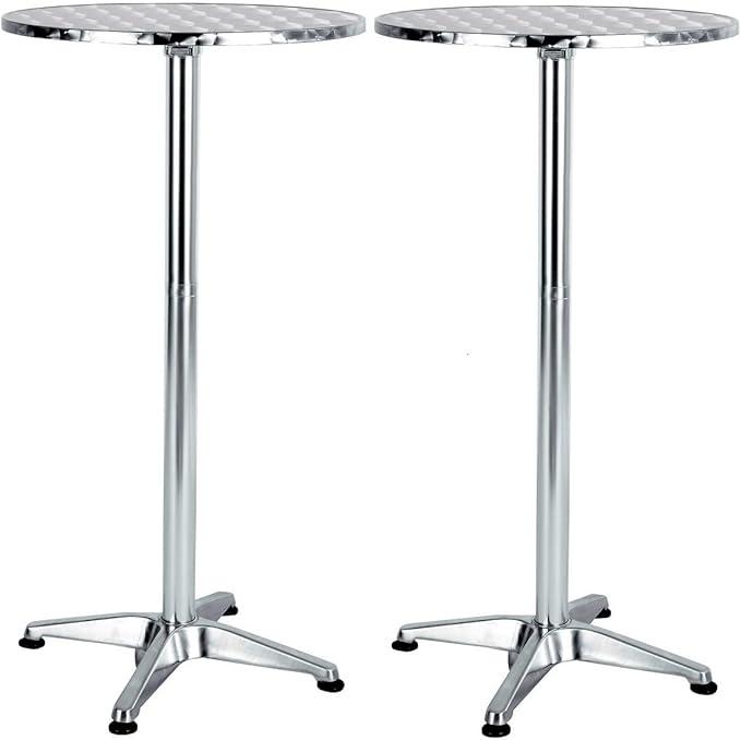 BTEXPERT Set of 2, Aluminum Indoor Outdoor 23.75" Round Restaurant Bar Height 45" Table flip top, Patio Stainless Steel Silver Furniture 25.75" Base