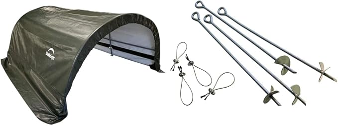ShelterLogic 8' x 10' x 5' Small Round Livestock Shelter Kit with ShelterAuger 4-Piece 30-Inch Reusable Heavy Duty Steel Earth Auger Anchor Kit