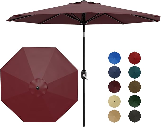 Garvee 9 ft Patio Umbrella - 8 Sturdy Ribs Outdoor Table Umbrella with Crank Lift & Push Button Tilt - Market Umbrella for Pool, Deck, Yard, Garden - Dark Red