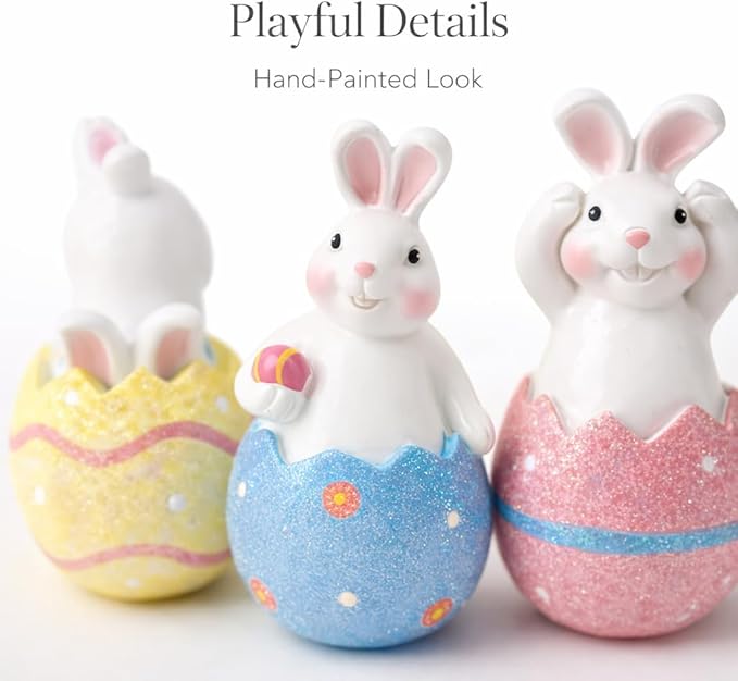 GoGnome 3-Pack Easter Decorations Resin Bunny in Cracked Egg Shell Figurines 5.1''H – Spring Tabletop & Mantel Decor, for Home (Blue/Yellow/Pink)