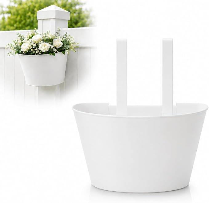 1 Pack White Metal Fence Post Planter for 4x4 & 5x5 PVC Vinyl Fence, No-Drill Hanging Flower Pots for Outdoor Plants, Flush Fit Planters with Drainage for Garden Yard Outdoor Decor