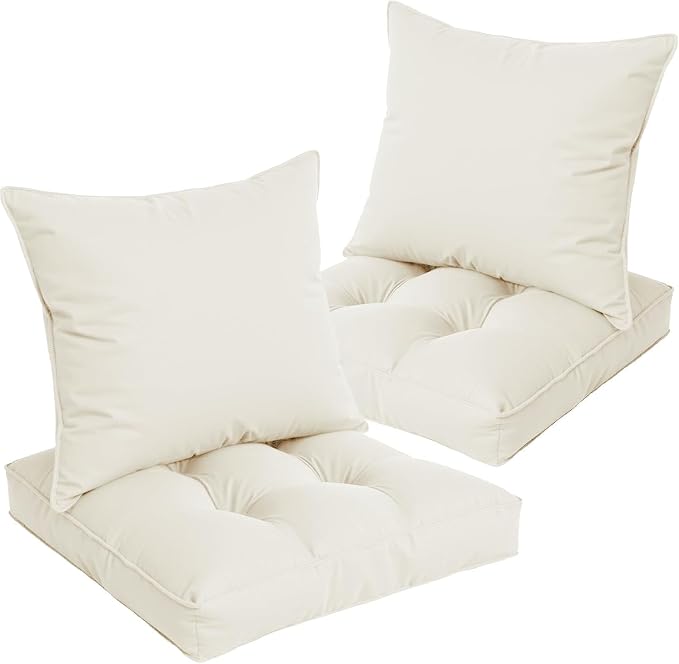 22x22 Waterproof Outdoor Chair Cushions Set of 2, Patio Cushions for Outdoor Furniture Water-Resistant & Fade-Resistant, Deep Seat & Back Cushion for Wicker Sofa (Cream)