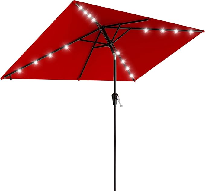 AreShark 6.5' x 10' Rectangular Patio Umbrella with Solar Lights, Solar Powered Lighted Market Umbrella w/Tilt and Crank, Outdoor Table Umbrella for Garden, Deck, Backyard, Pool and Beach, Red