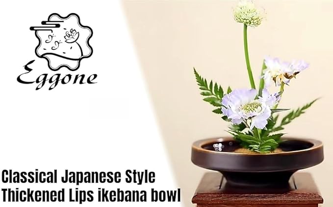 Japanese Classical Ikebana Vase Kit, Minimalist Ceramics Flower Pot Flower Shallow Container with 2.4inch Flower Frog and 2-in-1 Flower Arrangement Kenzan Needle Straightening Tool