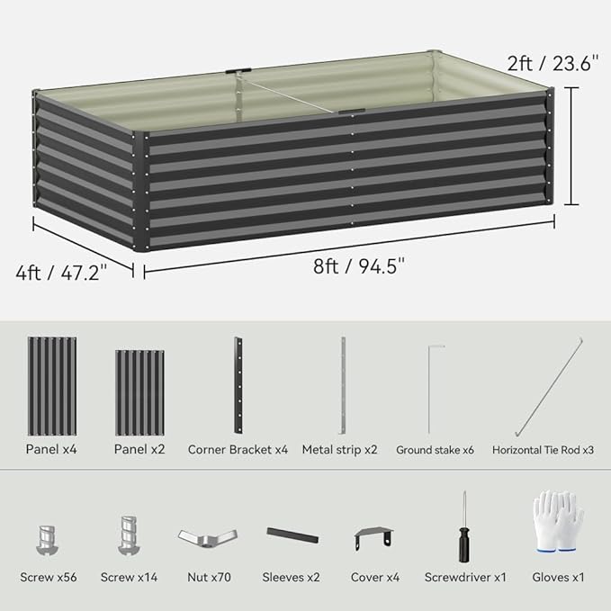 COMHOMA Galvanized Raised Garden Bed,8x4x2ft Large Metal Planter Box for Outdoor Vegetables,Corrugated Steel Herbed Plants Container,Extra Deep Gardeners Kits with Open Bottom