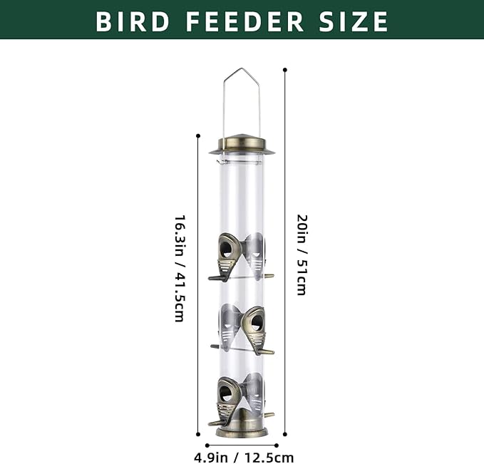 ERYTLLY Metal Bird Feeders 6 Port Tube Bird Feeder for Wild Birds, 1.4mm Extra Thick Solid Tube Transparent with Metal Lid for Outside