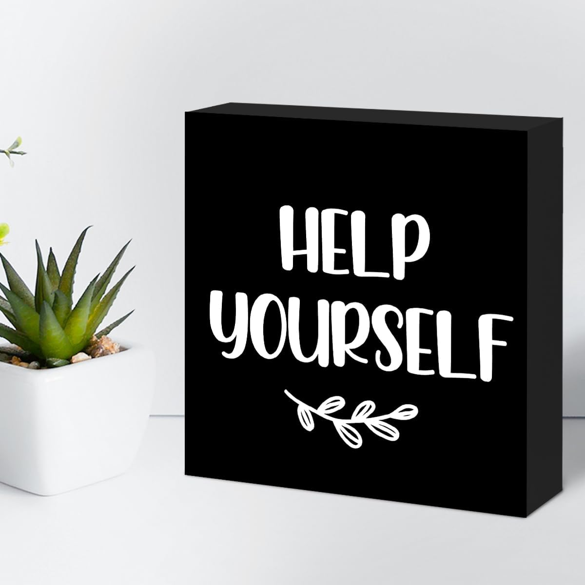 Help Yourself Black Wood Block Sign Desk Decor,Rustic Wooden Box Plaque Sign for Home Bedroom Farmhouse Shelf Table Decor