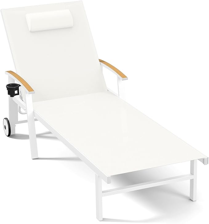 Ciokea Outdoor Lounge Chair with Pillow, 5-Position Aluminum Chaise Lounge with Wheels & Armrests, 400 lbs Heavy Duty Patio Pool Chair for Deck, Backyard, Beach & Poolside, White