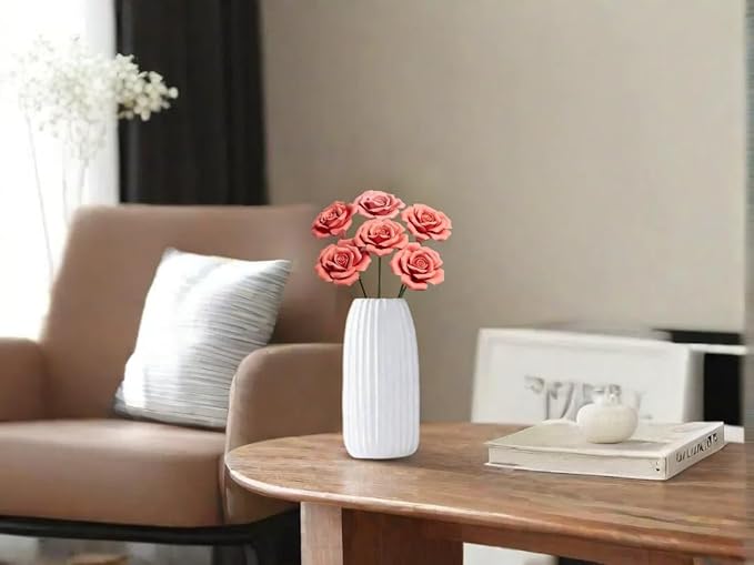 Handmade Porcelain 3D Ceramic Rose Flower, Eternal Flower Decoration for Home Office Decor, Creative Desktop vases, Porcelain Decorations, Exquisite, Set of 6 (red)