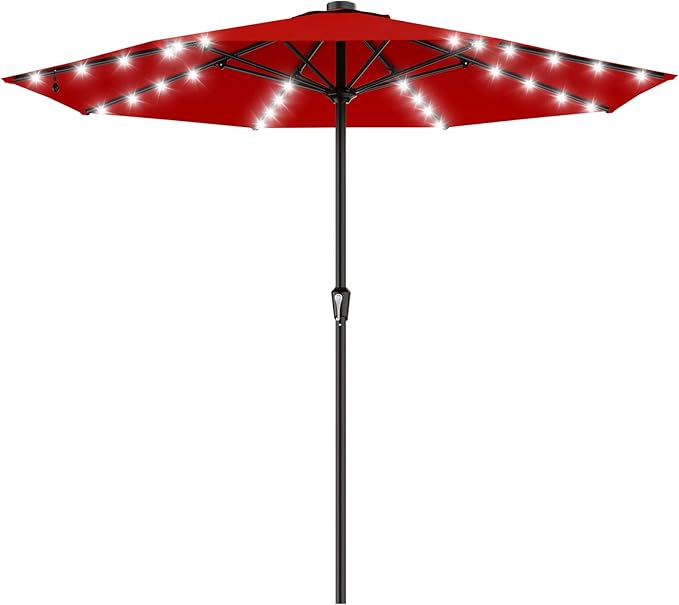 AreShark 11FT Large Patio Umbrella with Solar Lights, Lighted Solar Umbrella with Crank, Outdoor Table Market Umbrellas for Garden, Deck, Backyard, Pool and Beach, Red