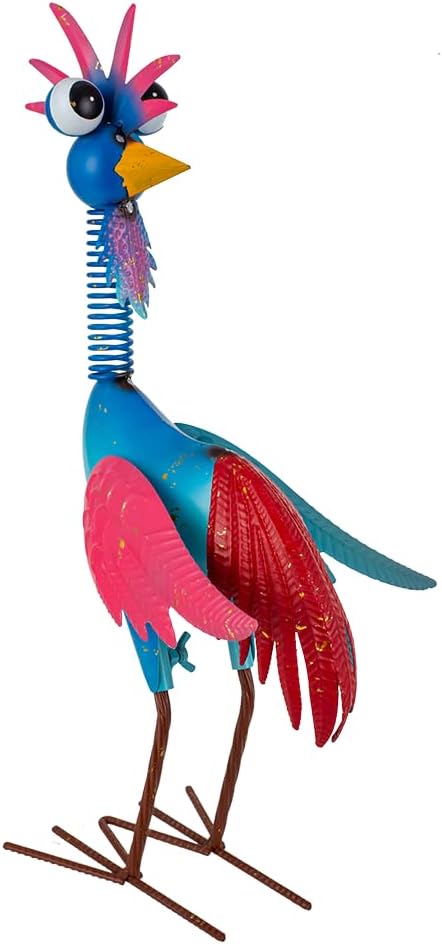 Metal Wacky Rooster Garden Statue, Rooster Decor Yard Statue Decorations Outdoor, Chicken Yard Art for Outside, Patio, Backyard, Lawn (Blue & Pink)
