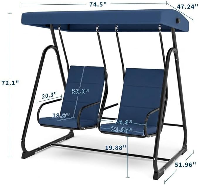 GarveeLife 2 Person Porch Swing Chair, Heavy Duty Outdoor Patio Swing Glider with Adjustable Canopy & Removable Cushions, Independent Swing Chairs for Garden, Balcony, Poolside, Backyard, Dark Blue
