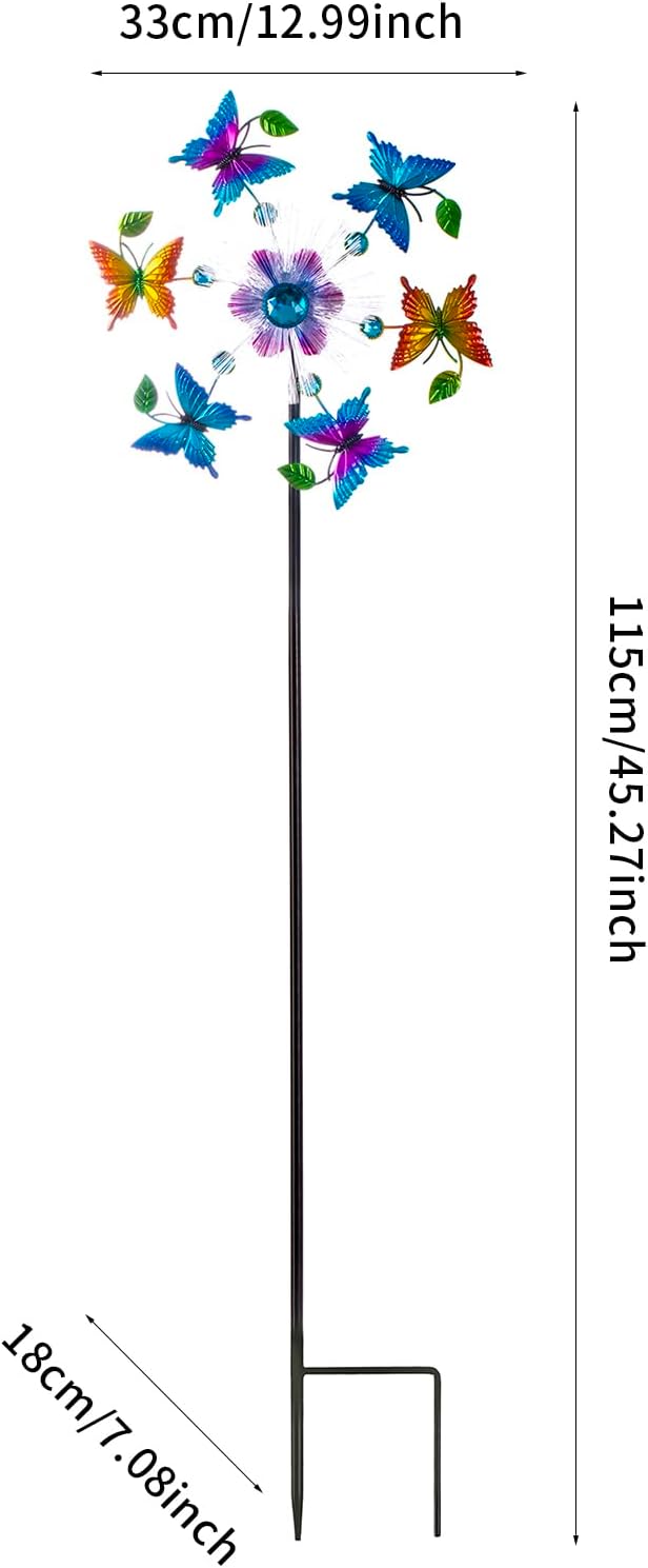44" Butterfly Wind Spinners Garden Whirligigs, Solar Flower Butterfly Wind Sculpture Yard Art Decorations for Lawn, Patio & Yard & Garden Decor, Metal Wind Spinners Outdoor Decor