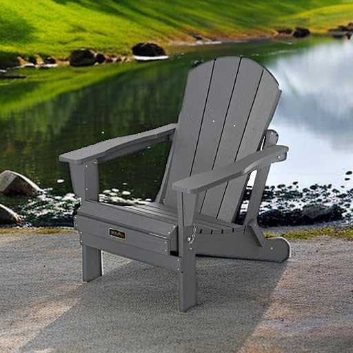 SERWALL Folding Adirondack Chair with Cup Holder for Outdoor, All-Weather Patio Chairs with Wood Texture, Fire Pit Chairs for Deck Porch Garden - Gray