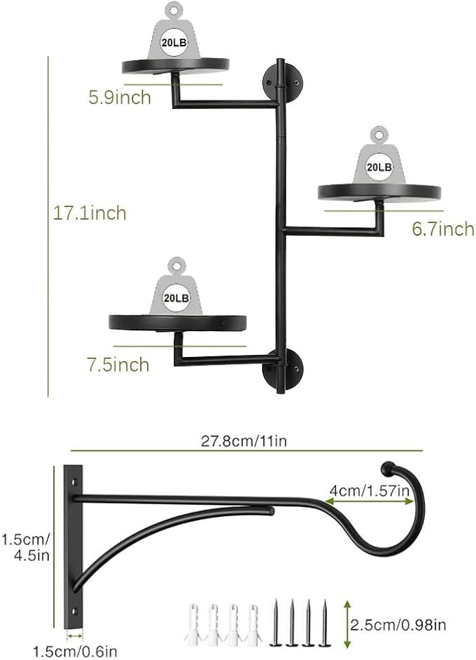 Outdoor Plant Hanging Hooks for Wall,Metal Bracket for Hanging Baskets, Wind Chimes, Flower Baskets, Rotating Wall Plant Shelves Stand Holder, Indoor 3 Tiered Metal Floating Plant Shelf Hanger