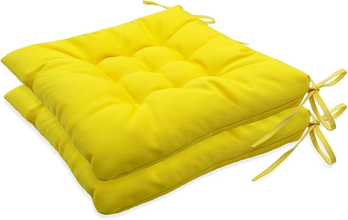 Outdoor Indoor Tufted Chair Cushions, Seat Cushions with Ties, Chair Pads Waterproof for Porch Kitchen Office Garden Yellow 16" x 16", Set of 2