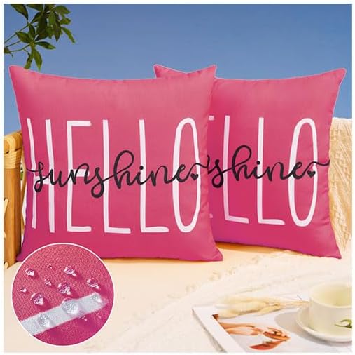 DFXSZ Outdoor Pillow Covers 18x18 Inch Set of 2 Hello Sunshine Decor Hot Pink Waterproof Throw Pillow Covers Summer Outdoor Waterproof Pillow Covers Decor for Patio Funiture Garden Sofa Couch 020H18