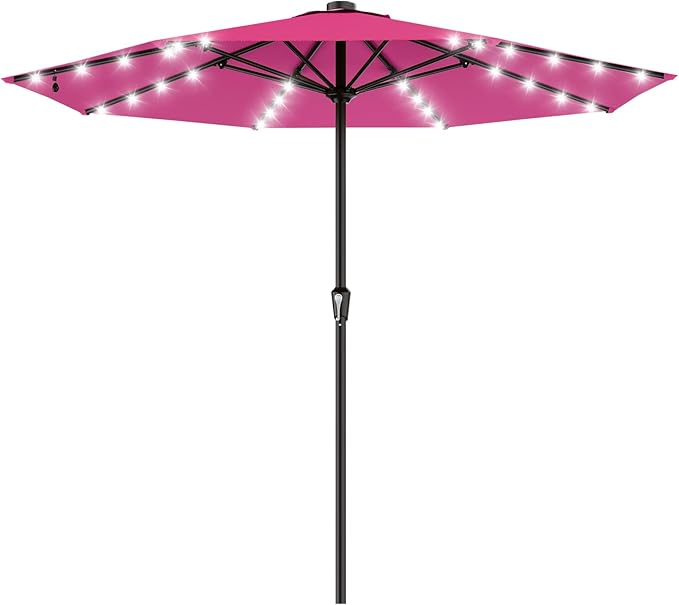 AreShark 11FT Large Patio Umbrella with Solar Lights, Lighted Solar Umbrella with Crank, Outdoor Table Market Umbrellas for Garden, Deck, Backyard, Pool and Beach, Rose Pink