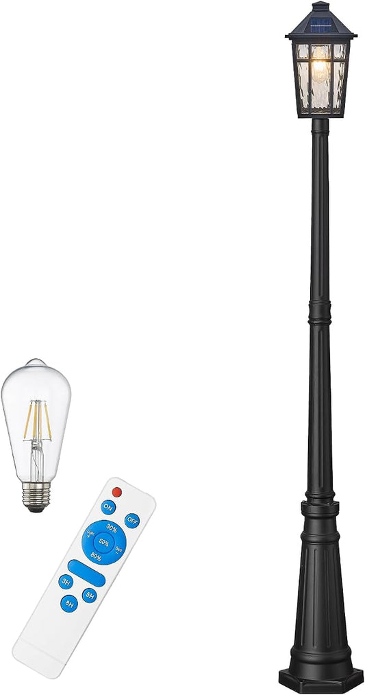 Outdoor Solar Lamp Post Light Dusk to Dawn Waterproof Solar Pole Lights with Water Ripple Glass 80.7 Inch Height Aluminum Black Street Light with Remote Control and LED Bulb