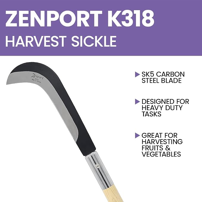 Zenport K318 77.5cm (30.5-inch) Long Curved Sickle, 9 Inch Carbon Steel Blade, Beige