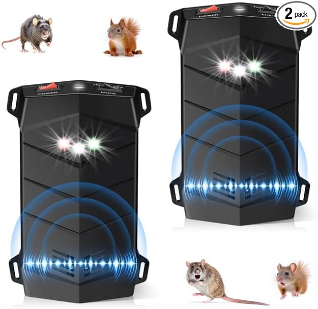 2 Pcs Battery Powered Ultrasonic Rodent Repeller for Car Engines – Under Hood Mouse Deterrent for Cars, Garages, Basements, and Warehouses