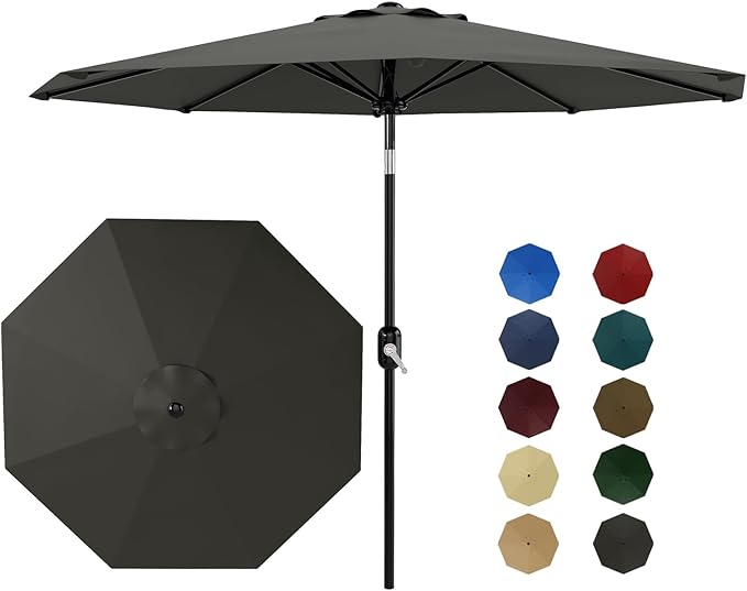 Garvee 10 ft Patio Umbrella - 8 Sturdy Ribs Outdoor Table Umbrella with Crank Lift & Push Button Tilt - Market Umbrella for Pool, Deck, Yard, Garden -Gray