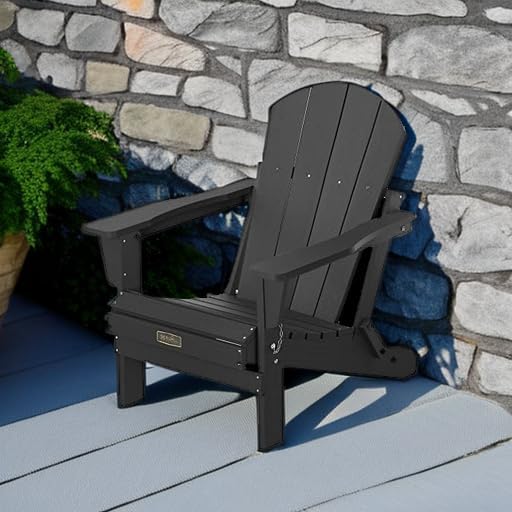 SERWALL Folding Adirondack Chair with Cup Holer, Weather Resistant Adirondack Chairs for Outdoor, Patio, Lawn, Garden, Backyard Deck, Fire Pit - Black