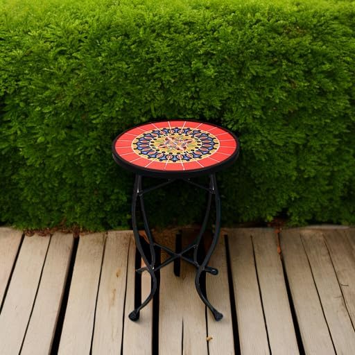 Elevon 14 Inch Round Side Ceramic Tile Top Indoor and Outdoor Accent Table, Sun