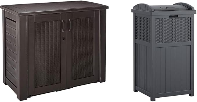 Rubbermaid 123 Gal Outdoor Storage Cabinet and Suncast 33 Gallon Resin Outdoor Trash Can Bundle