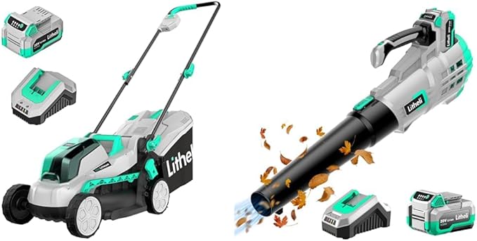 Litheli 20V 13" Cordless Lawn Mower & 20V Cordless 350 CFM 85 MPH Leaf Blower Bundle with Battery & Charger