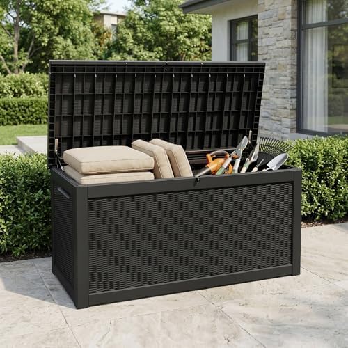 260 Gallon Deck Box, Waterproof Resin Rattan Outdoor Storage Box with Lockable Lid, Fade Resistant Patio Storage Box for Garden Tools, Pool Accessories, Outdoor Cushions, Black