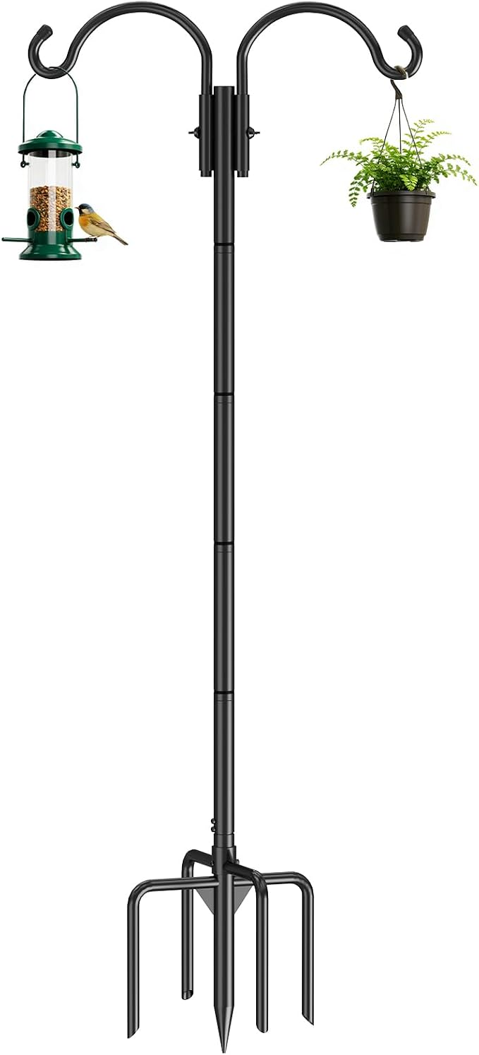 GOFORWILD Double Shepherds Hook for Outdoor, with 5-Prong Base, 84inch Adjustable Metal Bird Feeder Pole for Hanging Bird Nest, Plant Basket,Lantern,Solar Light 1 Pack