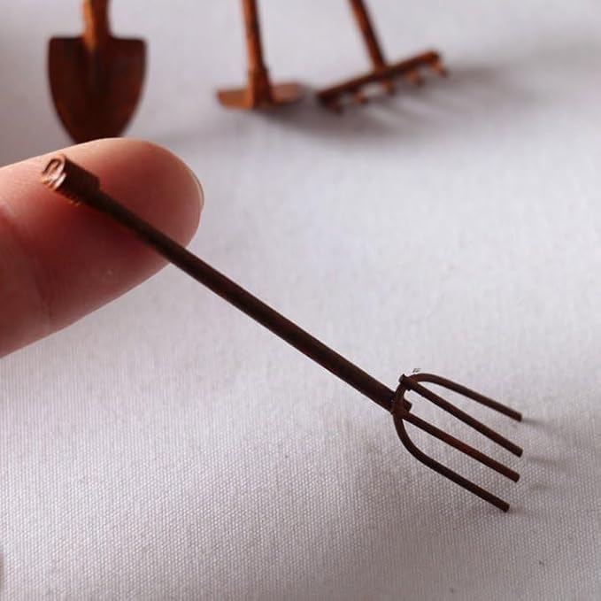 4 Pcs Miniature Dollhouse Garden Tools 1:12 Mini Rusty Shovel Hoe and Pitchfork Fairy Garden Accessories Furniture Ornaments Micro Landscape Decor Garden Sculptures Statues, Decorations