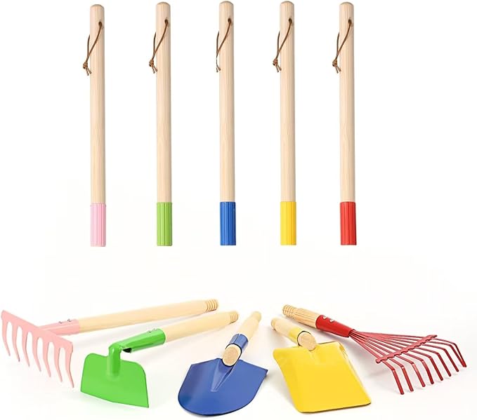 5 PCS 28" Detatchble Kids Gardening Tools, Metal Beach Digging Toys with Sturdy Wooden Handle, Safe Backyard Snow Sensory Playset Including Hoe, Tooth & Leaf Rakes, Flat & Pointed Shovels for Children