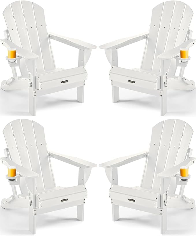 Ciokea Folding Adirondack Chair 4 Pack, Patio Adirondack Chair Weather Resistant, Plastic Fire Pit Chair with Cup Holder, Lawn Chair for Outdoor Porch Garden Backyard Deck (White)