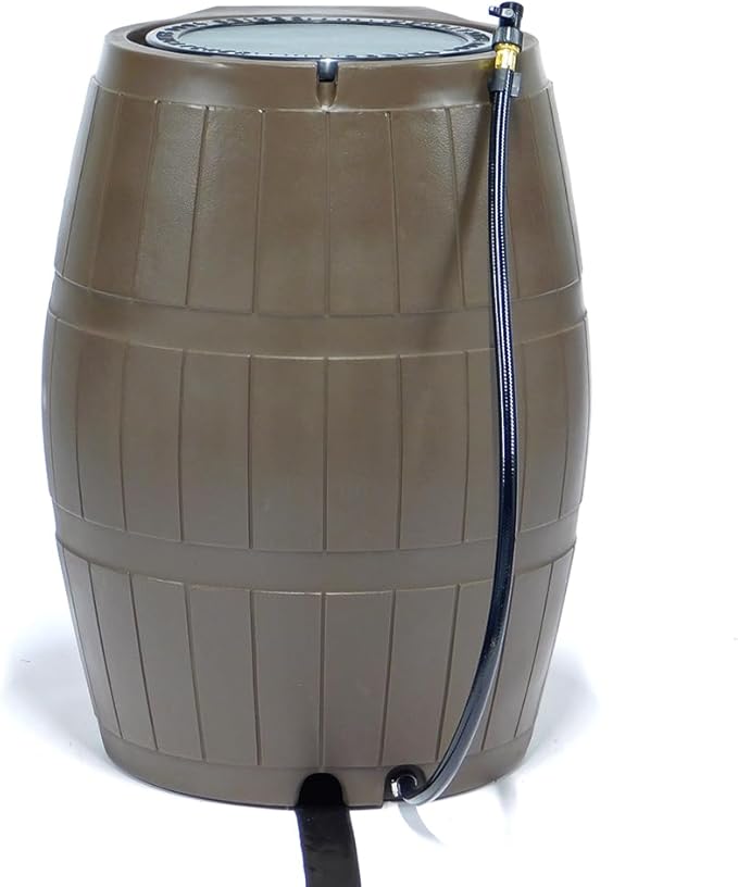 FCMP Outdoor Raincatcher 4000 Rain Barrel, Flat-Back Rainwater Catcher with Spigots, 50 Gallon, Brown - Portable Water Storage Container Tank for Home, Garden, and Backyard