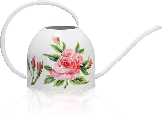 MOYEE Small White Metal Long Spout Watering Can Outdoor Indoor Spray Bottle for Plants Hand Drawn Patterns,1/2 Gallon Plant Mister Durable Metal Structure Lawn Garden Watering Equipment