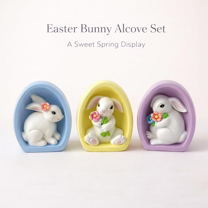 GoGnome Resin Easter Bunny Alcove Figurines, Set of 3 – Pastel Egg Frame Bunny Decor, Spring Shelf & Mantel Display, Cute Seasonal Home Accent (Blue/Yellow/Purple)