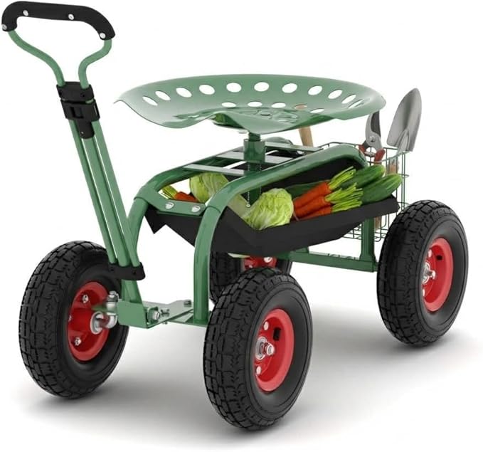 Garvee Garden Cart Rolling Workseat with Wheels, Gardening Stool for Planting, 360 Degree Swivel Seat with Steering Handle & Utility Tool Tray, Use for Patio, Yard, and Outdoors, Green
