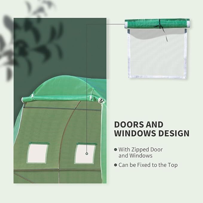 Outsunny 10' x 10' x 6.5' Walk-in Tunnel Hoop Greenhouse, Green House for Outside with PE Cover, Steel Frame, Roll-Up Zipper Door & Windows for Flowers, Vegetables, Tropical Plants, Green