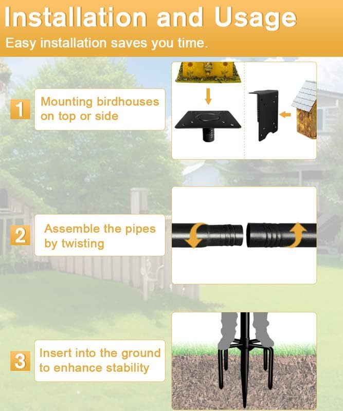 90Inch Heavy Duty Bird House Pole Mount Kit with Frosted, Bird Feeder Pole Kit with 5 Prongs Base and 2 Plates, for Outdoor, Yard, Garden, Black(Birdhouse Not Include)