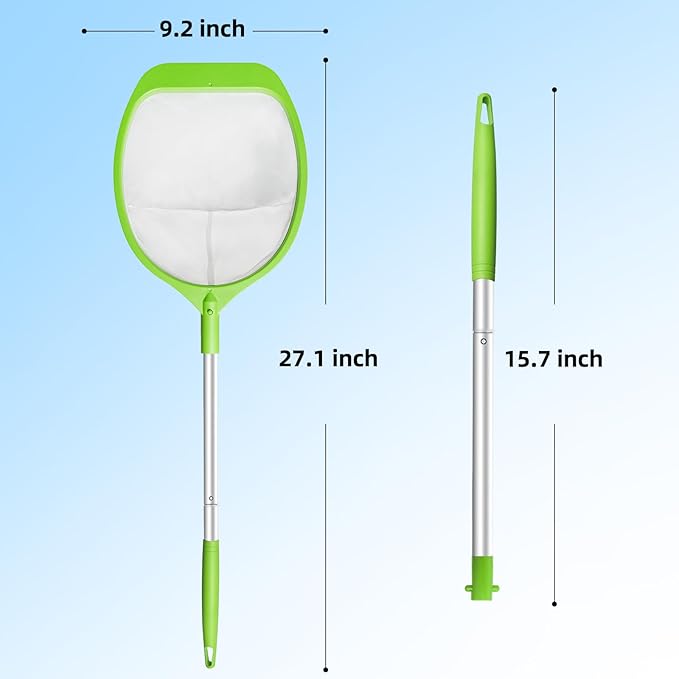 Hot Tub Skimmer Net with 26" Aluminum Handheld Pole, Deep Ultra Fine Mesh Bag for Fast Debris Removal, Small Pool Net for Cleaning Spas, Hot Tubs, Ponds & Kids Inflatable Pools, Green