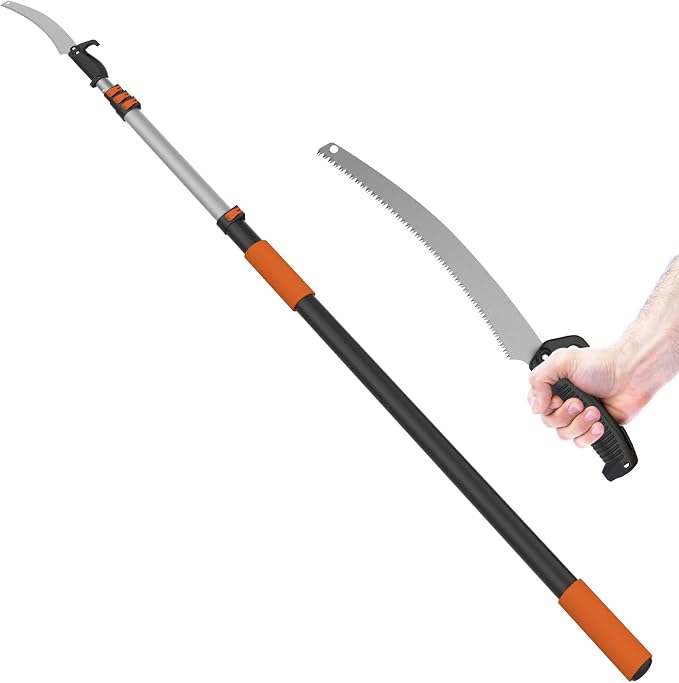 LAANPOLE 20FT Pole Saw, Telescoping Tree Trimmer with 3-12FT Extension Pole, Manual Branches Pruner for Backyard, Orange