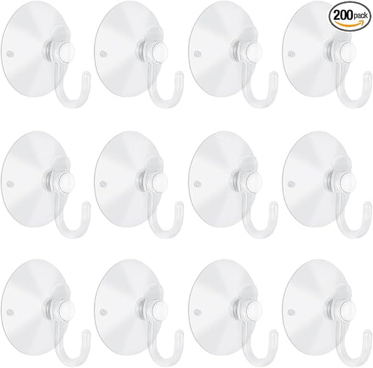 200 Pieces Small Suction Cups with Hooks 1.2 inch Clear Plastic Sucker Hooks for Glass Window Wall Festivals Parties Theme Carnival Decoration Door Bathroom Kitchen